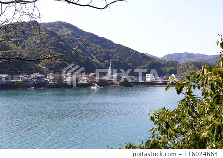 Sakitsu Church and village on the inlet seen from the opposite bank Sakitsu Church and village on the inlet seen from the opposite bank 116024663
