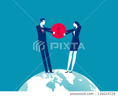 Businessperson with partner standing on the planet and fighting for coin money Businessperson with partner standing on the planet and fighting for coin money 116024729