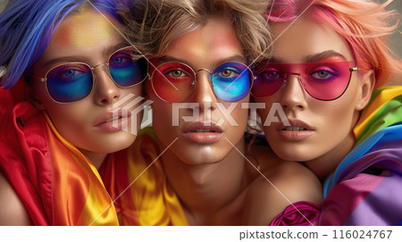 Young people bright make up standing next to each other smiling. One has iridescent paint on face Young people bright make up standing next to each other smiling. One has iridescent paint on face 116024767