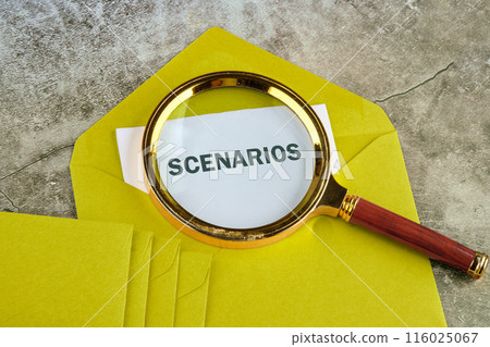 SCENARIOS text of concept written through a magnifying glass on a piece of mustard-colored envelope SCENARIOS text of concept written through a magnifying glass on a piece of mustard-colored envelope 116025067