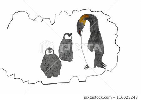 一個孩子畫了一隻父母和孩子的企鵝。母親用溫暖的眼神看著孩子。和所有活著的人一樣 116025248