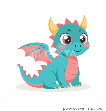 Cute cartoon dragon. Baby dragon or dinosaur cute character. Fairytale monster. Illustration, print 116025268