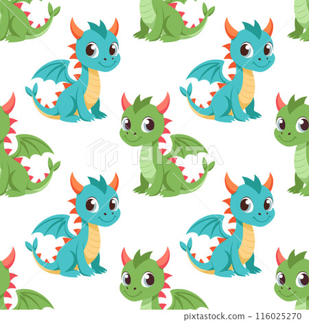 Seamless pattern, cute colorful dragons on a white background. Cute cartoon dinosaurs. Design for textiles, print 116025270