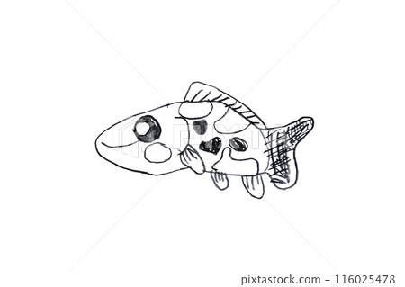 The fish have kind faces and swim happily. The child's drawing directly reflects the child's feelings. 116025478