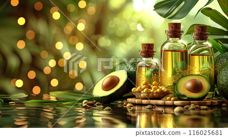 Luxury cosmetic products made from avocado oil. Different cans avocados. Concept natural cosmetics 116025681