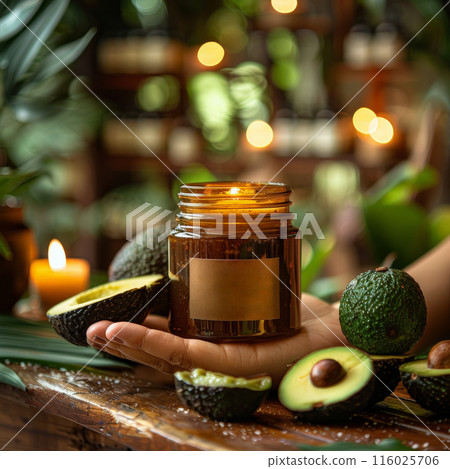 Various glass jars avocado oil cream arranged wooden table avocados leaves. Green foliage background 116025706