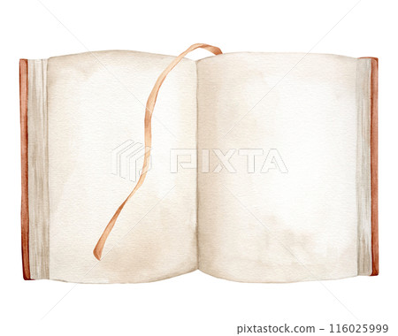 Watercolor illustration book isolated on white background. Open book brown colors with bookmarks. Vintage old textbooks watercolor hand drawn. Blank pages for inserting text 116025999