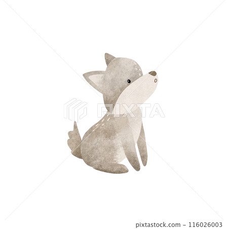 Cartoon animal for kids design . Hand drawn illustration of grey cute wolf on isolated background. Minimalist scandinavian style. Wild forest animals. 116026003