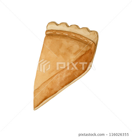 Pumpkin Pie Slice. Traditional American fall bakery dessert. Watercolor food illustration hand painted isolated on white background for Thanksgiving holiday design, cafe menu, table textile, packages Pumpkin Pie Slice. Traditional American fall bakery dessert. Watercolor food illustration hand painted isolated on white background for Thanksgiving holiday design, cafe menu, table textile, packages 116026355