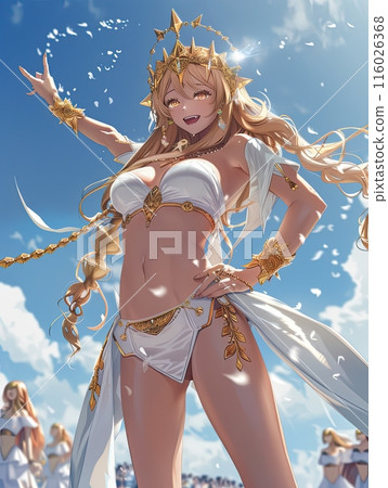 happy female priestess in white and gold costume dancing on the olympic stage, cartoon anime manga illustration mobile smartphone wallpaper lockscreen background 116026368