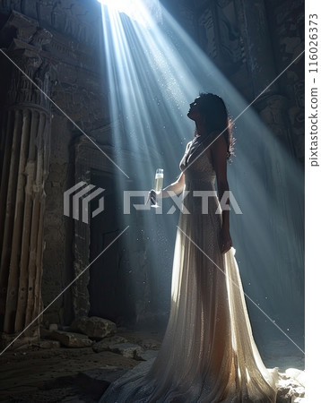 elegant woman in evening dress standing inside ancient Roman underground bunker, holding up her glass to the light that shines through from outside, mobile smartphone wallpaper lockscreen background 116026373