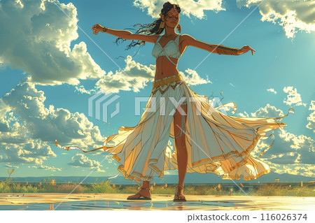 ancient Greek female dancer with a white and gold costume, dancing on the floor at an olympic stadium in Ancient Athens artoon anime manga illustration 116026374