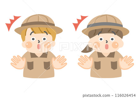 Children in explorer clothes with surprised expressions Children in explorer clothes with surprised expressions 116026454