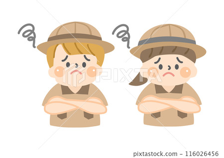 Children in explorer clothes with worried expressions 116026456