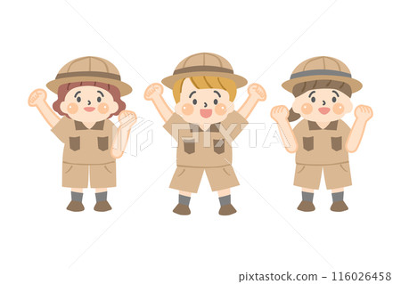 Full-body illustration of children in explorer clothes making a fist pump Full-body illustration of children in explorer clothes making a fist pump 116026458