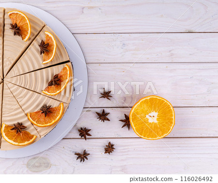 three chocolate cake slice isolated on white background 116026492