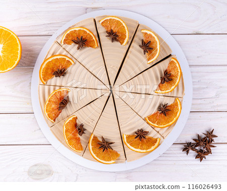three chocolate cake slice isolated on white background 116026493