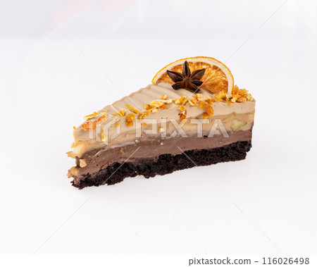three chocolate cake slice isolated on white background three chocolate cake slice isolated on white background 116026498