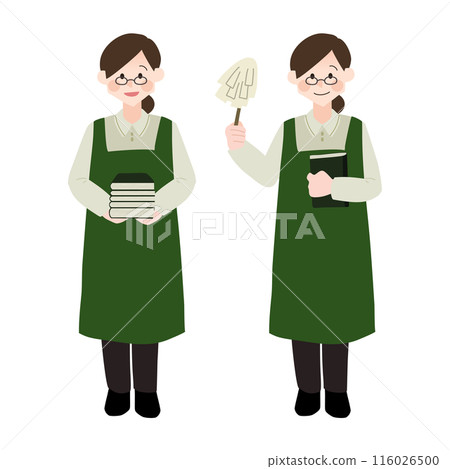 Bookstore clerk holding a book and a duster hand drawn vector illustration Bookstore clerk holding a book and a duster hand drawn vector illustration 116026500
