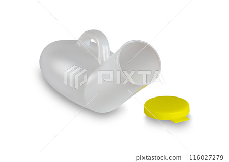 Portable plastic male urinal bottle and yellow lid. 116027279
