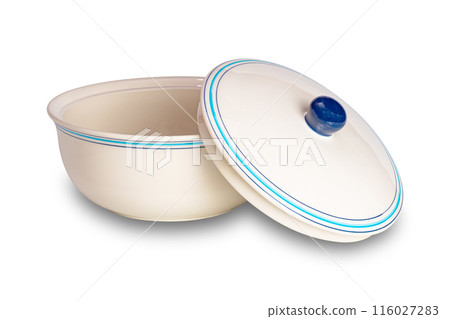Single empty brown ceramic bowl and lid isolated on white background. 116027283