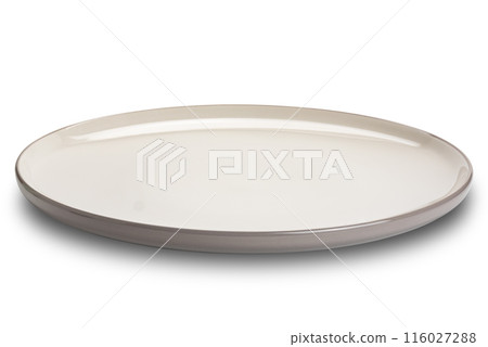 Single empty brown ceramic plate with dark brown edge. 116027288