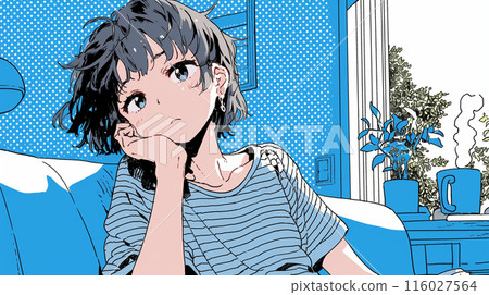夏日午後，接近傍晚，一位年輕女子慵懶地待在家裡。 116027564