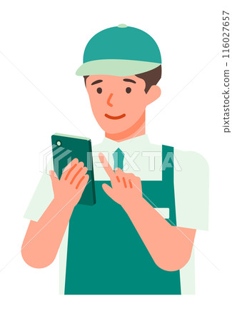 Illustration of a male retail clerk in an apron solving a problem with a smartphone 116027657