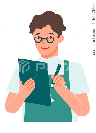 Illustration of problem solving by a male cafe or flower shop clerk, hand-drawn 116027696