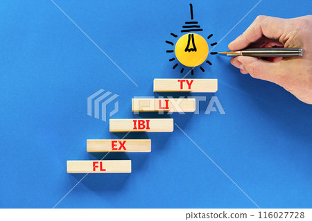 Flexibility symbol. Concept word Flexibility on beautiful wooden blocks. Light bulb icon. Businessman hand with pencil. Beautiful blue background. Business flexibility concept. Copy space. Flexibility symbol. Concept word Flexibility on beautiful wooden blocks. Light bulb icon. Businessman hand with pencil. Beautiful blue background. Business flexibility concept. Copy space. 116027728
