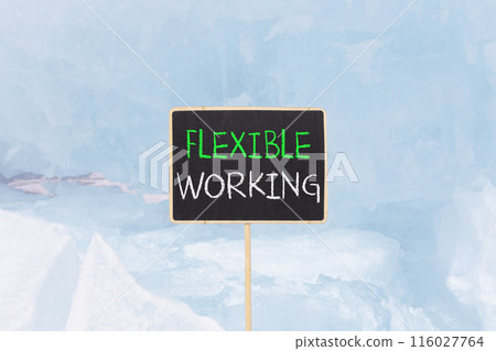 Flexible working symbol. Concept words Flexible working on beautiful yellow blackboard. Beautiful blue ice background. Business flexible working concept. Copy space. 116027764