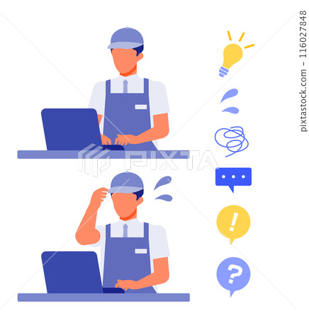 Illustration of a male retail clerk in an apron solving a problem PC Illustration of a male retail clerk in an apron solving a problem PC 116027848
