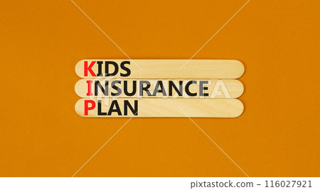 KIP kids insurance plan symbol. Concept words KIP kids insurance plan on beautiful wooden stick. Beautiful orange background. Business KIP kids insurance plan concept. Copy space. 116027921