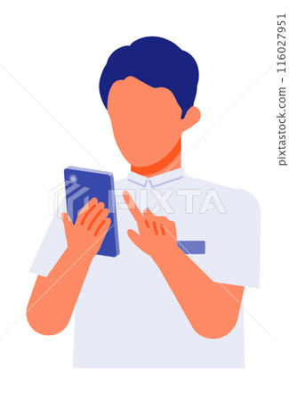 Illustration of a man working in a care facility solving a problem with his smartphone Illustration of a man working in a care facility solving a problem with his smartphone 116027951