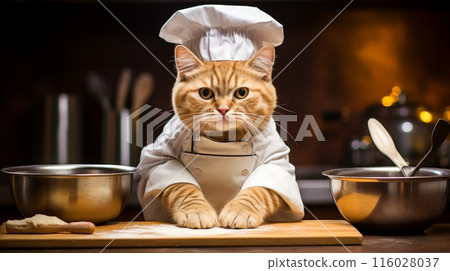 Funny red tabby cat cooking pie in apron - cute pet chef on kitchen background with text space 116028037