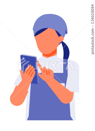 Illustration of a female retail clerk in an apron solving a problem with a smartphone 116028084