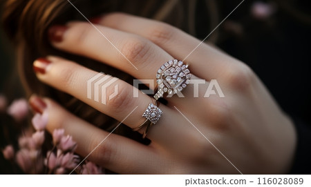 Close-up of elegant diamond engagement ring on womans hand, ideal for proposals and weddings Close-up of elegant diamond engagement ring on womans hand, ideal for proposals and weddings 116028089
