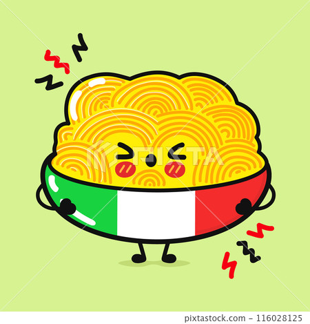 Angry Spaghetti character. Vector hand drawn cartoon kawaii character illustration icon. Isolated on green background. Sad plate of Spaghetti character concept 116028125