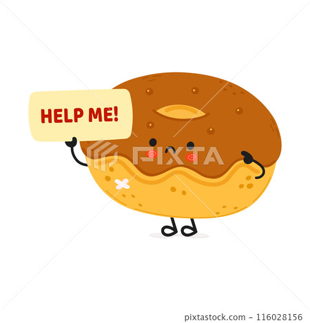 Cute sad sick Chocolate Doughnut asks for help character. Vector hand drawn cartoon kawaii character illustration icon. Isolated on white background. Suffering unhealthy Doughnut character concept Cute sad sick Chocolate Doughnut asks for help character. Vector hand drawn cartoon kawaii character illustration icon. Isolated on white background. Suffering unhealthy Doughnut character concept 116028156
