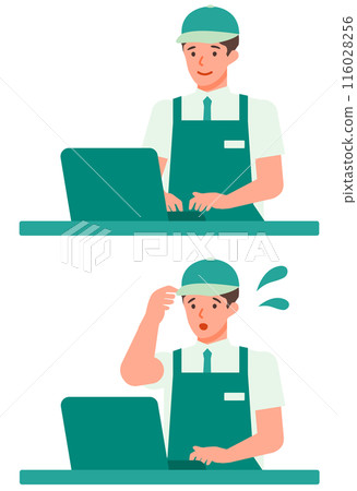穿著圍裙電腦的男性零售店員解決問題的插圖 116028256