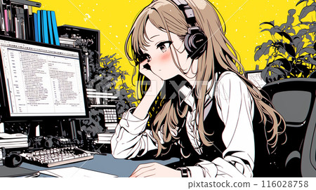 A female operator waiting to operate a PC at her desk 116028758