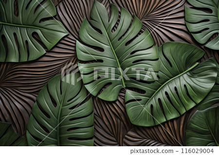 Natural and lively display with vibrant Monstera leaves on a textured wooden panel Natural and lively display with vibrant Monstera leaves on a textured wooden panel 116029004