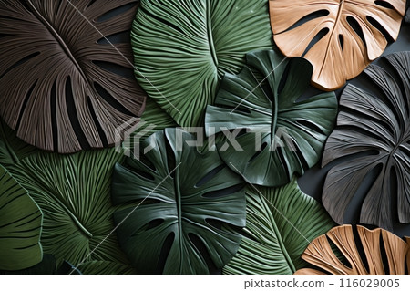 Textured wooden panel adorned with vibrant Monstera leaves, creating a natural and lively scene Textured wooden panel adorned with vibrant Monstera leaves, creating a natural and lively scene 116029005
