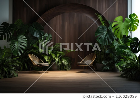 Harmonious green hues unfold as Monstera leaves grace a wooden backdrop, adding natural beauty to your space 116029059