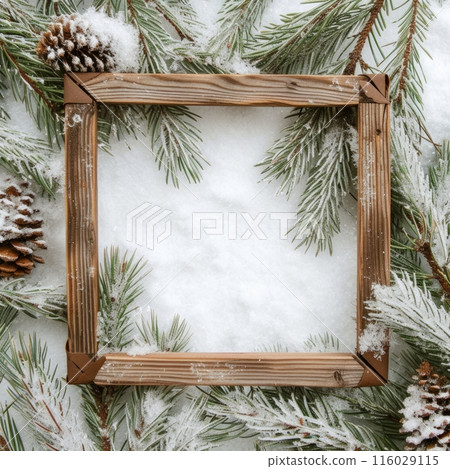 A wooden frame comes alive as it's embraced by the tranquility of snowy pine branches, creating a winter wonderland in your space A wooden frame comes alive as it's embraced by the tranquility of snowy pine branches, creating a winter wonderland in your space 116029115
