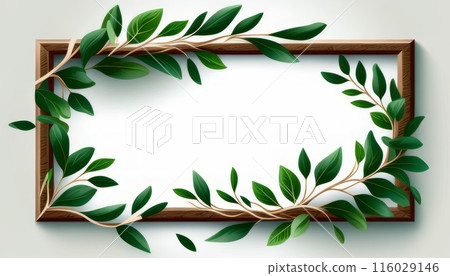 Rustic and organic touch achieved with a nature-inspired wooden frame adorned by lush green branches 116029146