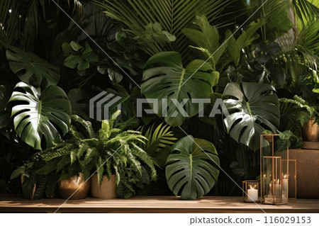 Wooden surface transformed into a tropical oasis with lush Monstera leaves and greenery-infused decor Wooden surface transformed into a tropical oasis with lush Monstera leaves and greenery-infused decor 116029153