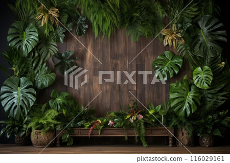 Wooden wall adorned with sprawling Monstera foliage, forming a natural and enchanting ambiance 116029161