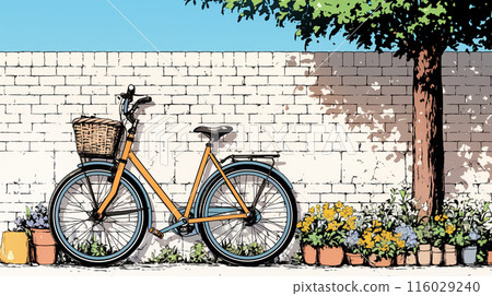A mamachari bicycle abandoned next to a white wall under the clear, sunny weather 116029240