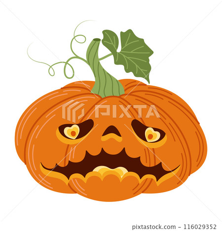 Halloween pumpkin. Cute and scary pumpkin monster head. Hand drawn trendy flat style. Halloween pumpkin. Cute and scary pumpkin monster head. Hand drawn trendy flat style. 116029352